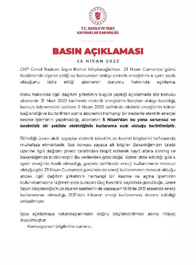 Enerji ve Tabii Kaynaklar Bakanlığından, Kılıçdaroğlu'nun 23 Nisan'da ziyaret ettiği eve ilişkin açıklama