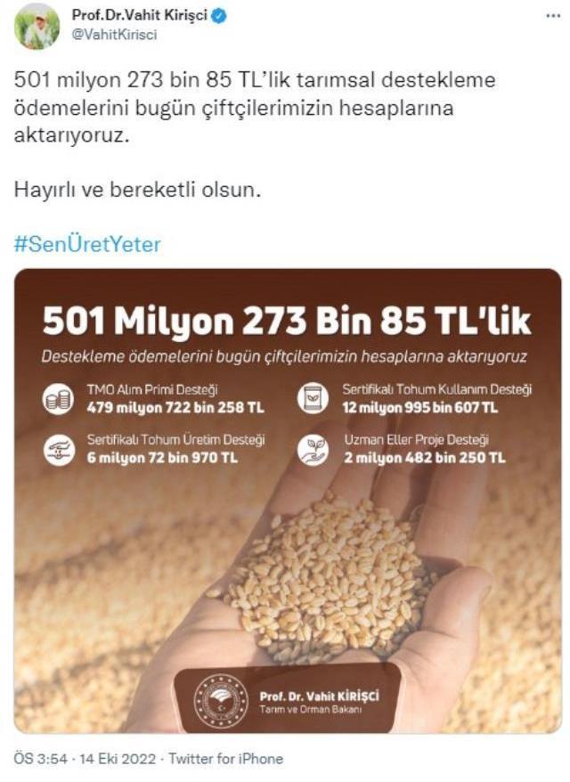 Bakan Kirişçi müjdeyi verdi! 501 milyon liralık tarımsal destek ödemesi bugün hesaplara yatacak