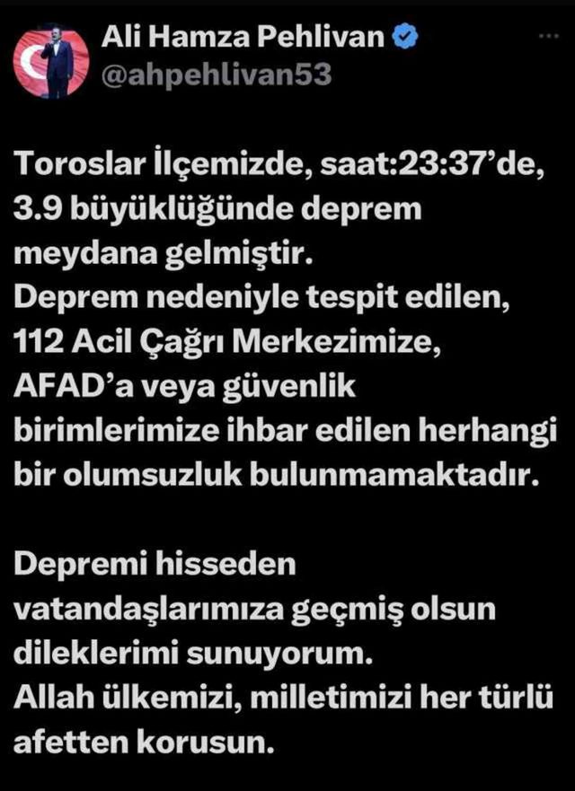 Mersin'de 3,9 büyüklüğünde deprem meydana geldi