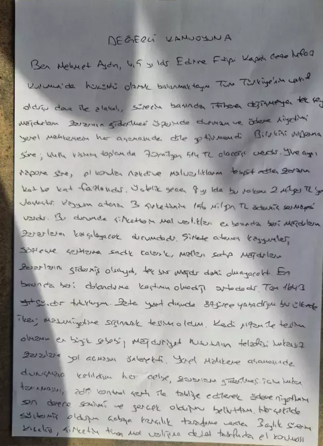 Mehmet Aydın cezaevinden mektup gönderdi