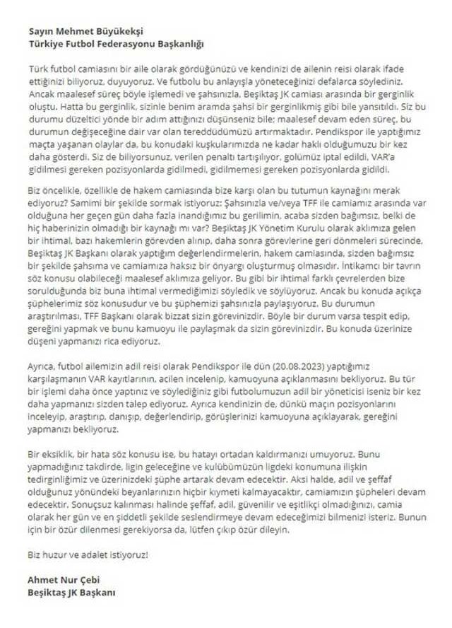 Hedeflerinde Pendikspor maçı var! Beşiktaş'tan TFF'ye mektup