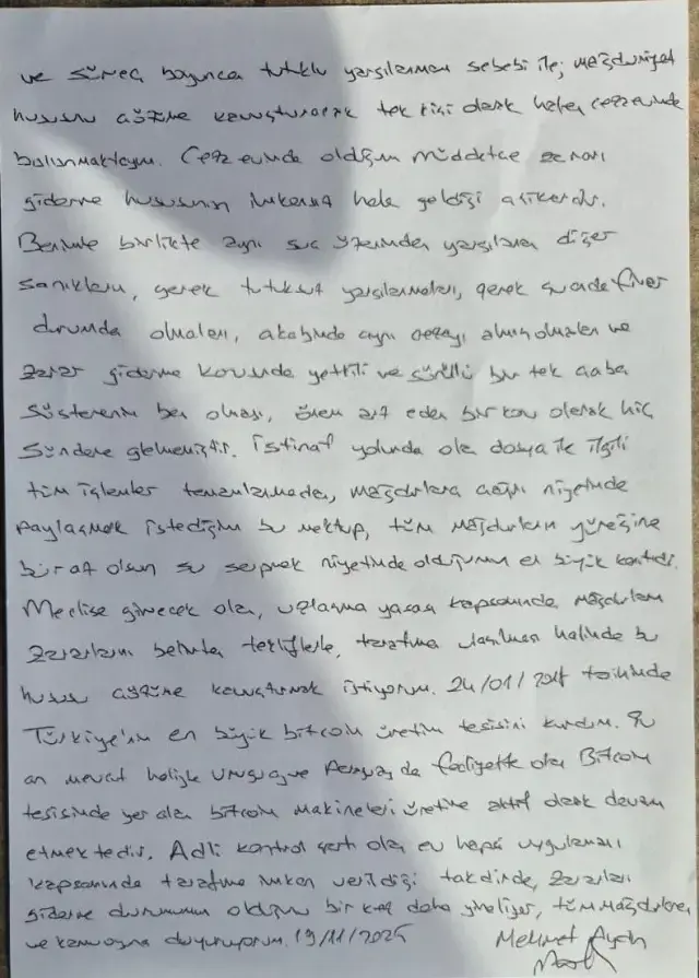 Mehmet Aydın cezaevinden mektup gönderdi