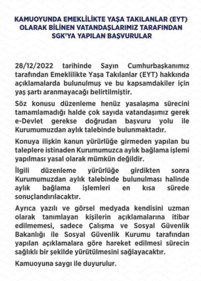Son Dakika! SGK'dan EYT başvurusu yapan vatandaşlara uyarı: Düzenleme yasalaşmadan aylık bağlanamaz
