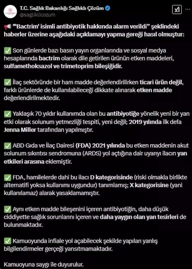 Sağlık Bakanlığı'ndan 'Bactrim' antibiyotiği ile ilgili açıklama