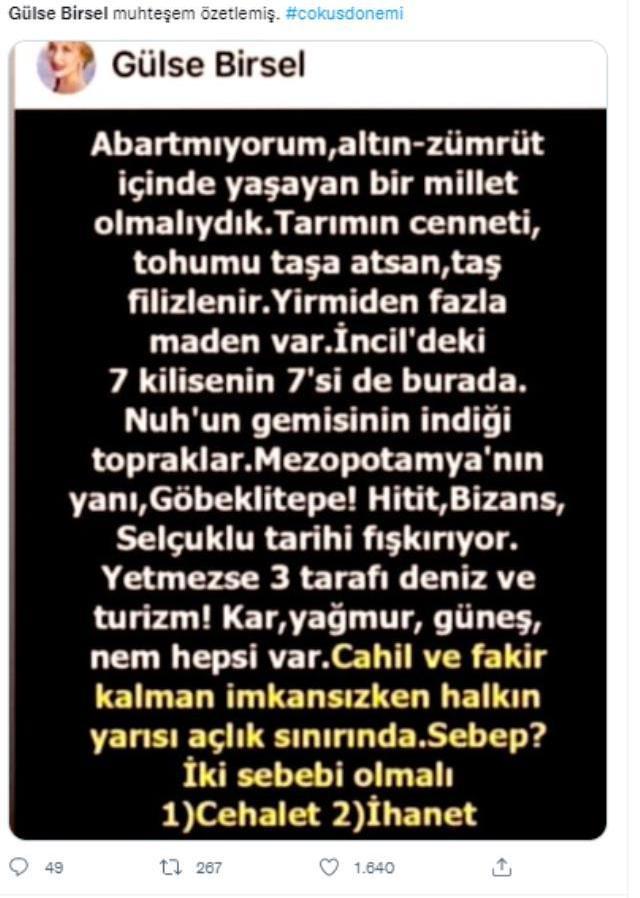 'Altın zümrüt içinde yaşayan bir millet olmalıydık' diye başlayan yazının Gülse Birsel'e ait olduğu iddiası