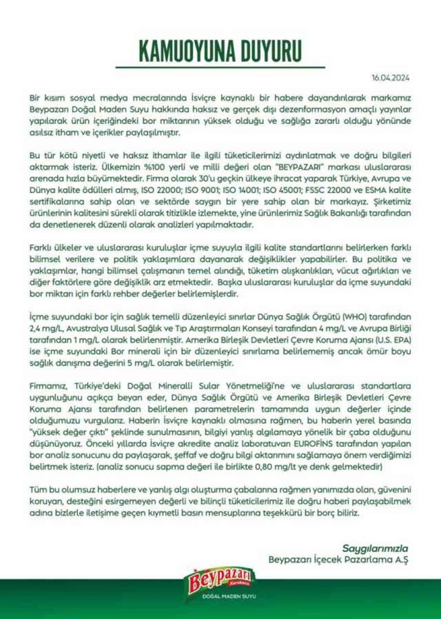 Sağlığa zararlı olduğu gerekçesiyle İsviçre'de yasaklanan Beypazarı'ndan ilk açıklama