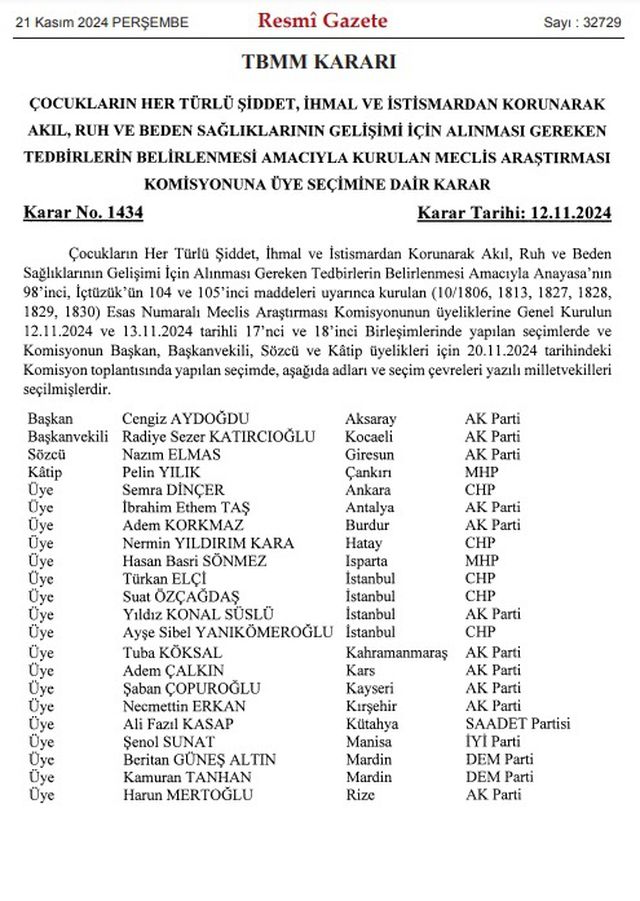 Çocuklar için kurulan araştırma komisyonuyla ilgili önemli karar yayımlandı