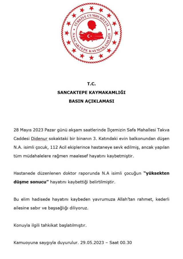 Sancaktepe'de 5 yaşındaki çocuk balkondan düşerek hayatını kaybetti