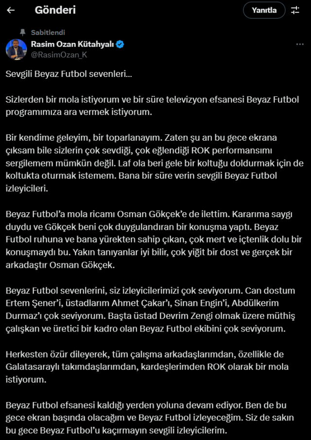 Rasim Ozan Kütahyalı Beyaz Futbol'da neden yok, ayrıldı mı?