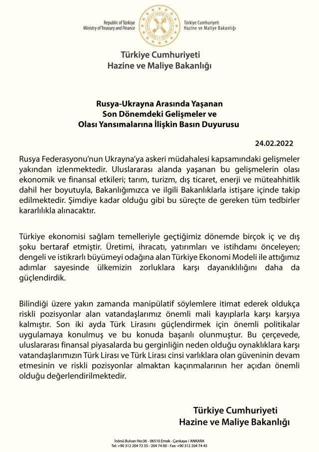 Hazine ve Maliye Bakanlığı'ndan vatandaşlara Rusya-Ukrayna savaşı uyarısı: Riskli yatırımlardan kaçının, TL'ye güvenin