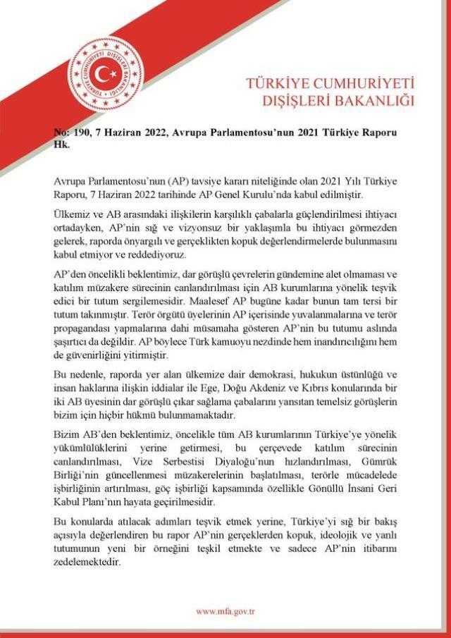 Dışişleri Bakanlığı: 'AP'nin sığ ve vizyonsuz bir yaklaşımla (Türkiye'ye ilişkin) raporda ön yargılı ve gerçeklikten kopuk değerlendirmelerde...