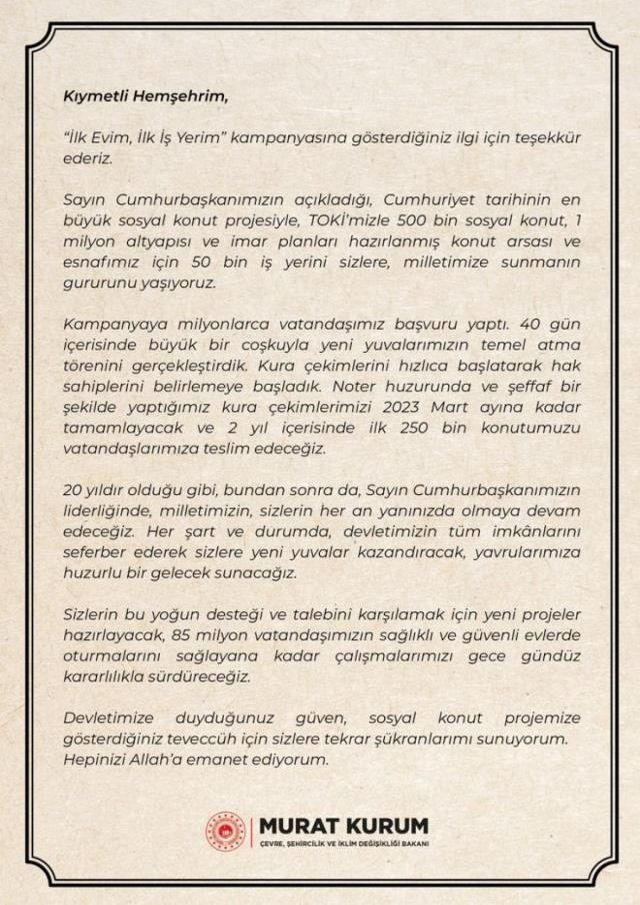 TOKİ Duyuru mesajı nedir? İlk Evim İlk İşyerim TOKİ mesajı nedir?