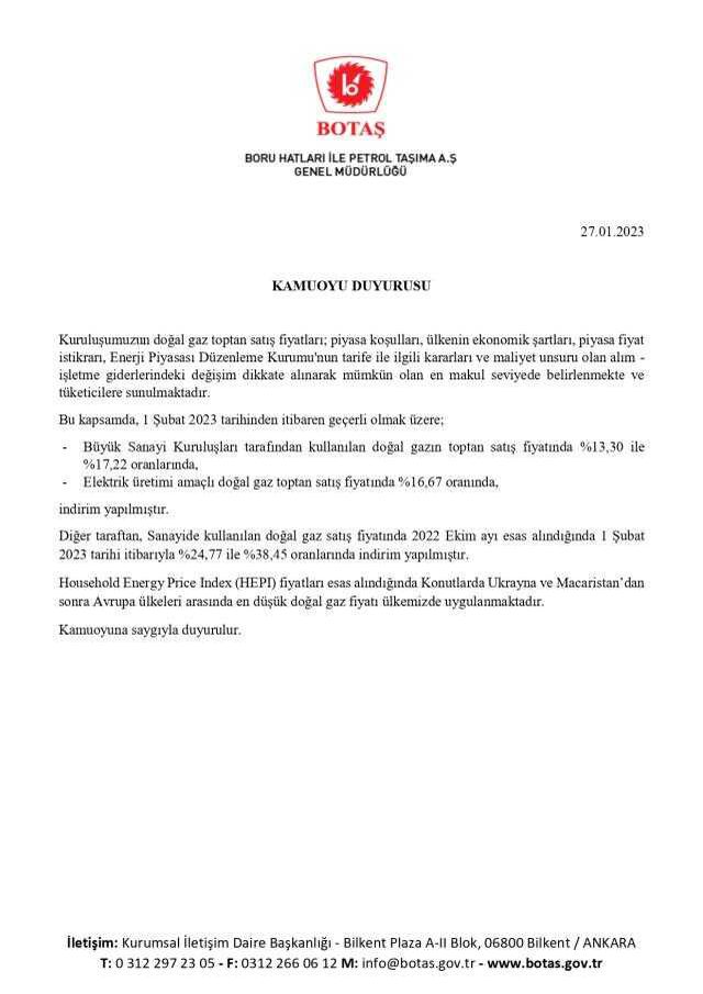 Son Dakika: Şubat ayında sanayide kullanılan doğalgaz fiyatında yüzde 13,3 ile yüzde 17,2 oranlarında indirim yapılacak