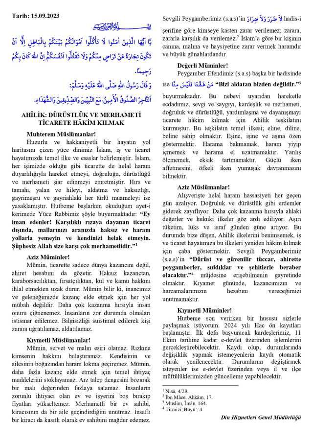 15 Eylül Cuma Hutbesi yayınlandı! 15 Eylül Cuma Hutbesi tam metni! Diyanet 15 Eylül Cuma Hutbesi!