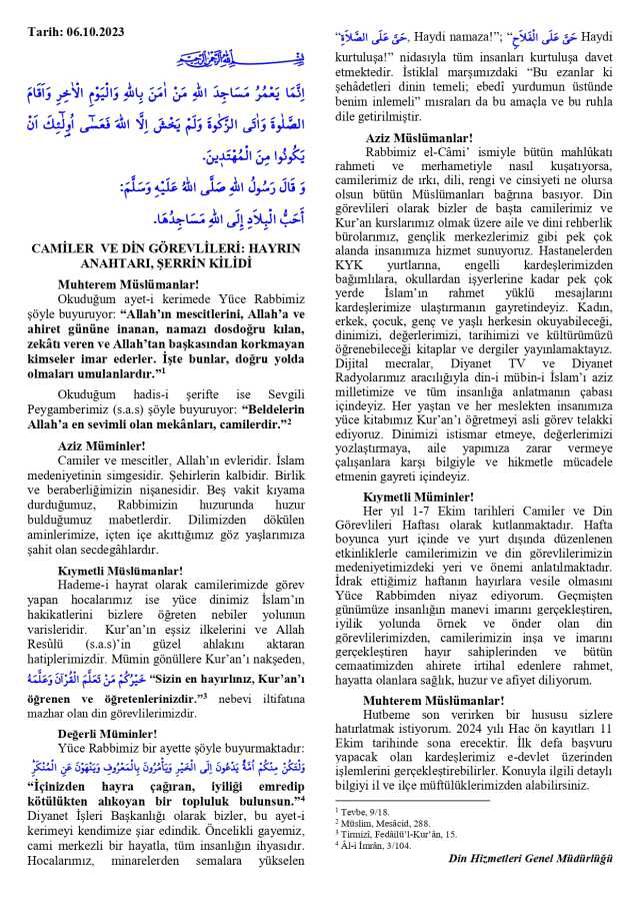 6 Ekim Cuma Hutbesi yayınlandı! 6 Ekim Cuma Hutbesi tam metni! Diyanet 6 Ekim Cuma Hutbesi!
