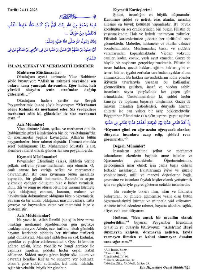 24 Kasım Cuma Hutbesi yayınlandı! 24 Kasım Cuma Hutbesi tam metni! Diyanet 24 Kasım Cuma Hutbesi!