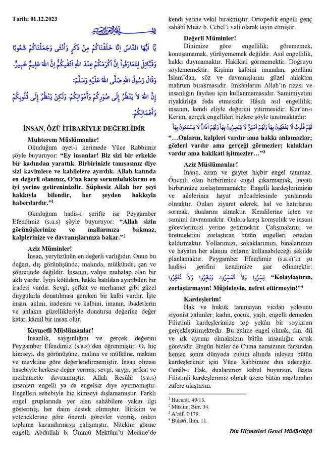 1 Aralık Cuma Hutbesi yayınlandı! 1 Aralık Cuma Hutbesi tam metni! Diyanet 1 Aralık Cuma Hutbesi!