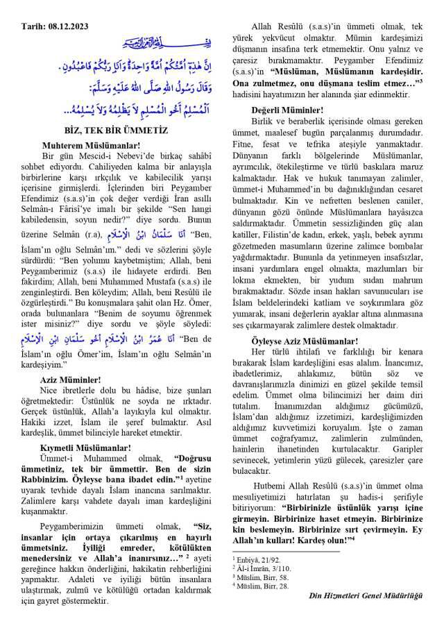 7 Aralık Cuma Hutbesi yayınlandı! 7 Aralık Cuma Hutbesi tam metni! Diyanet 7 Aralık Cuma Hutbesi!