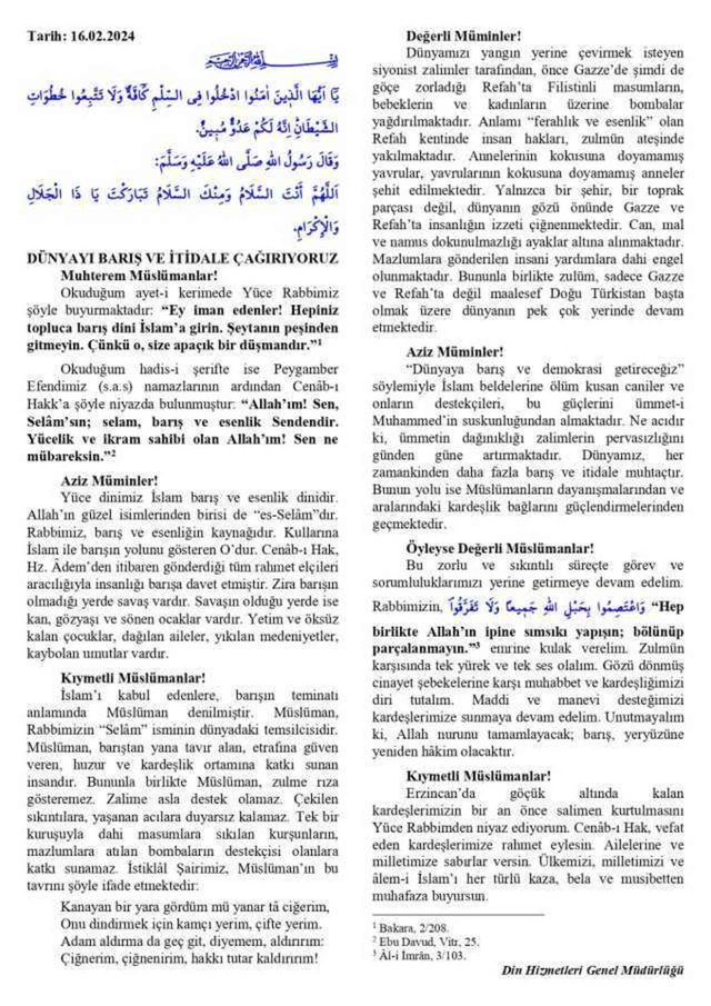 15 Şubat Cuma Hutbesi yayınlandı! 15 Şubat Cuma Hutbesi tam metni! Diyanet 15 Şubat Cuma Hutbesi!