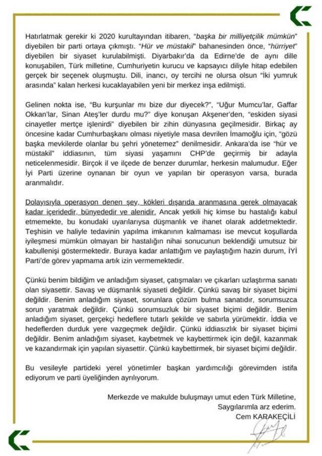 İYİ Parti Yerel Yönetimler Başkan Yardımcısı Cem Karakeçili istifa etti