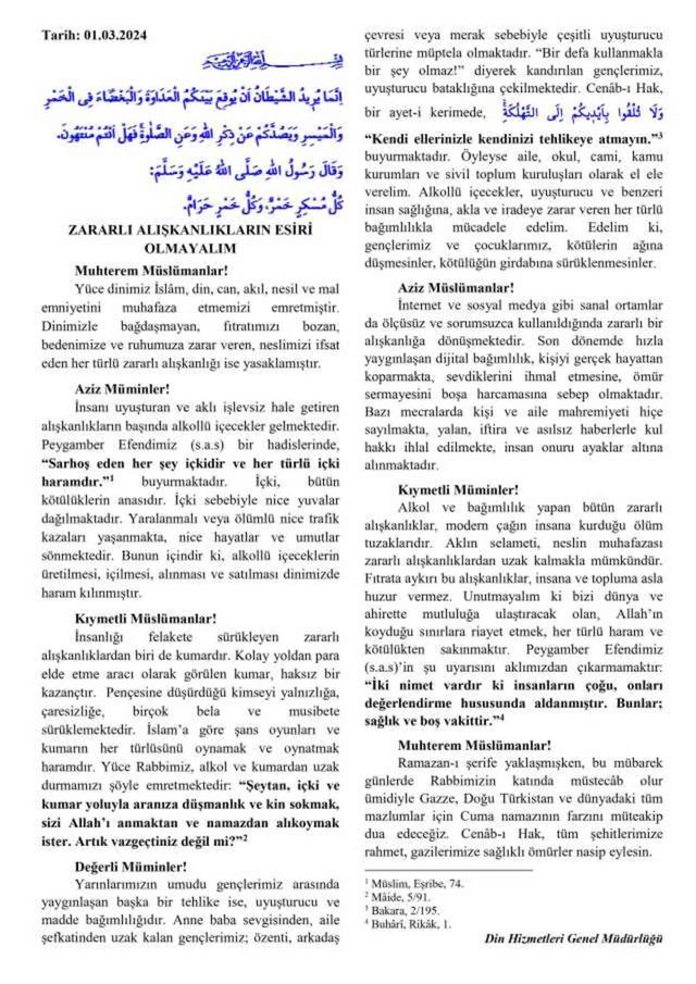 1 Mart Cuma Hutbesi yayınlandı! 1 Mart Cuma Hutbesi tam metni! Diyanet 1 Mart Cuma Hutbesi!