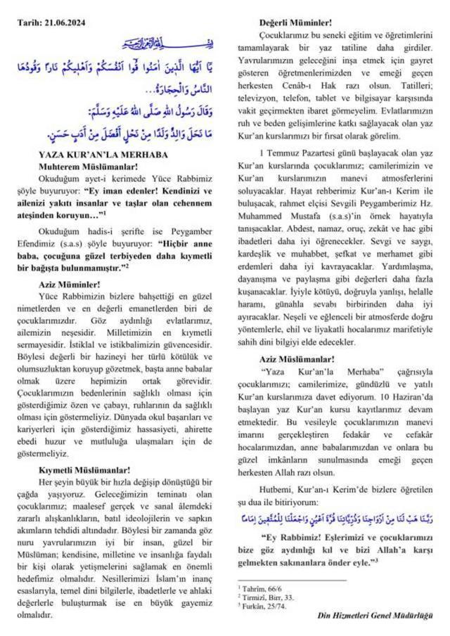 21 Haziran Cuma Hutbesi yayınlandı! 21 Haziran Cuma Hutbesi tam metni!