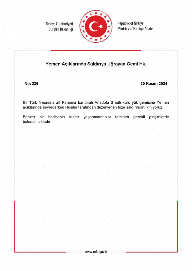 Dışişleri Bakanlığı'ndan Yemen açıklarında Türk kuru yük gemisine saldırıya ilişkin açıklama