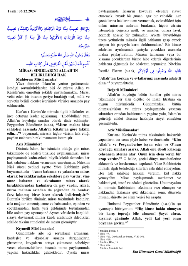 6 Aralık Cuma Hutbesi yayınlandı! 6 Aralık Cuma Hutbesi tam metni!
