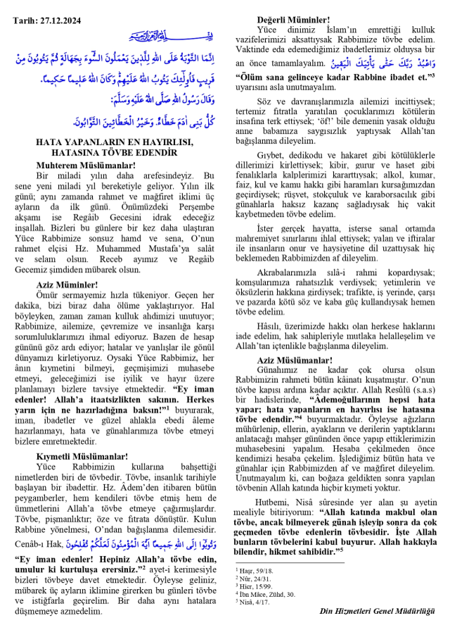27 Aralık Cuma Hutbesi yayınlandı! 27 Aralık Cuma Hutbesi tam metni!