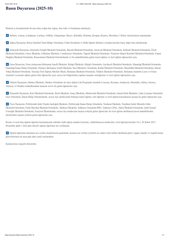 Ordu okullar tatil mi SON DAKİKA? 20 Şubat Perşembe Ordu okul yok mu (Ordu Valiliği Açıklaması – KAR TATİLİ)?