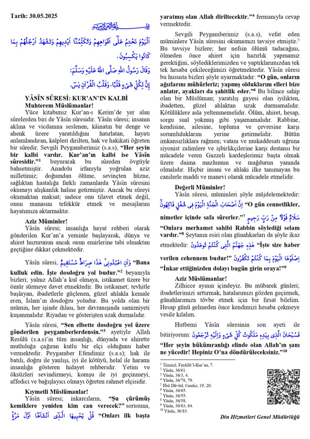 30 Mayıs Cuma Hutbesi yayınlandı! 30 Mayıs Cuma Hutbesi tam metni!