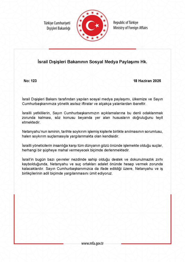 Dışişleri: Netanyahu ve iş birlikçileri adil şekilde yargılanmalı