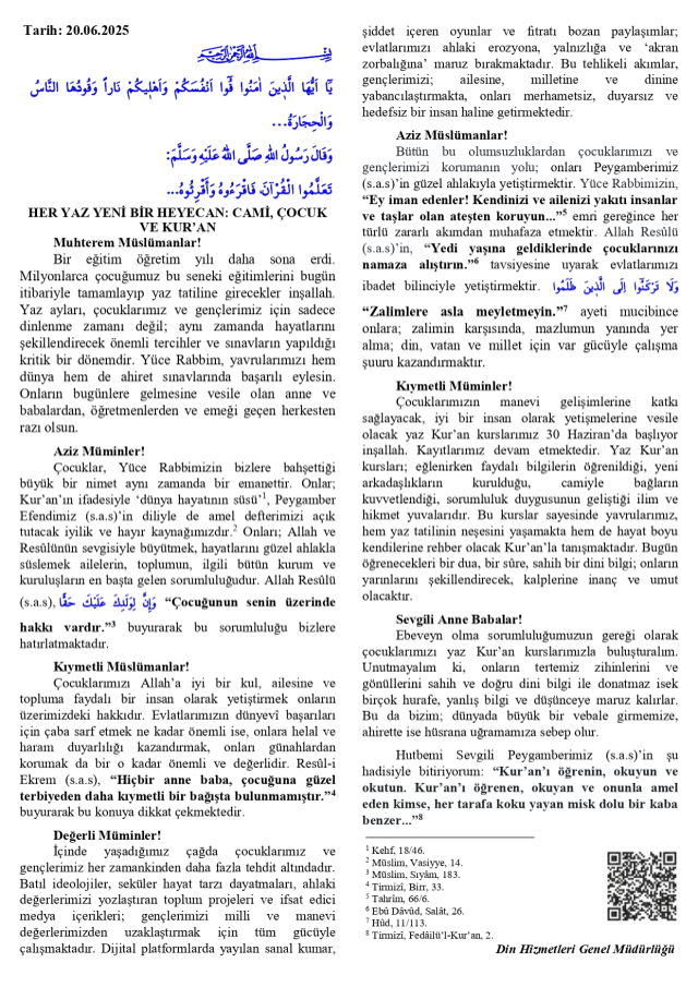 20 Haziran Cuma Hutbesi yayınlandı! 20 Haziran Cuma Hutbesi tam metni!