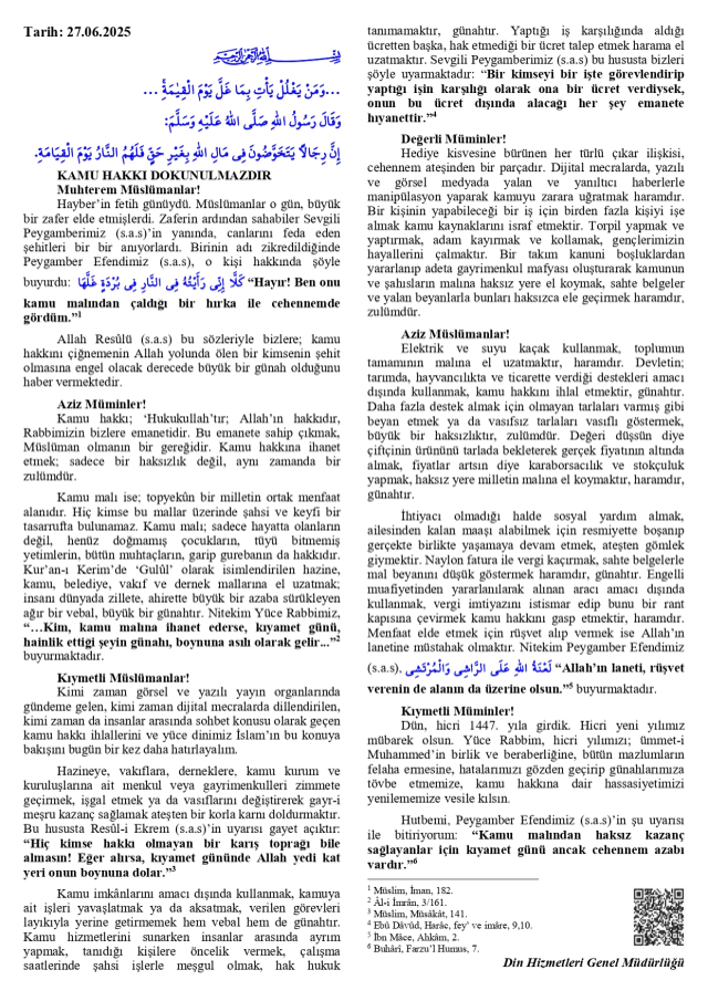 27 Haziran Cuma Hutbesi yayınlandı! 27 Haziran Cuma Hutbesi tam metni!