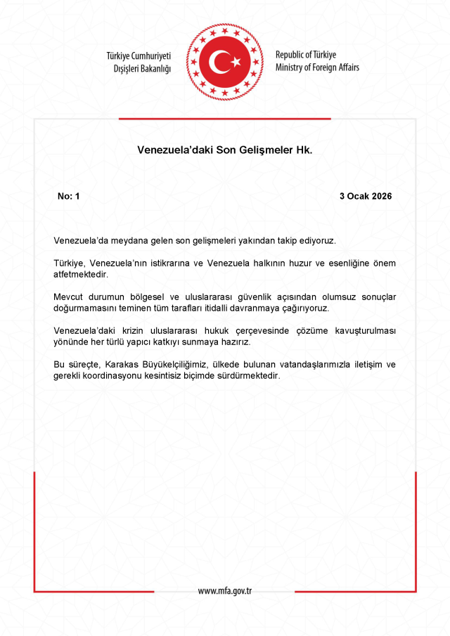 Türkiye'den Venezuela açıklaması: Tüm tarafları itidalli davranmaya çağırıyoruz