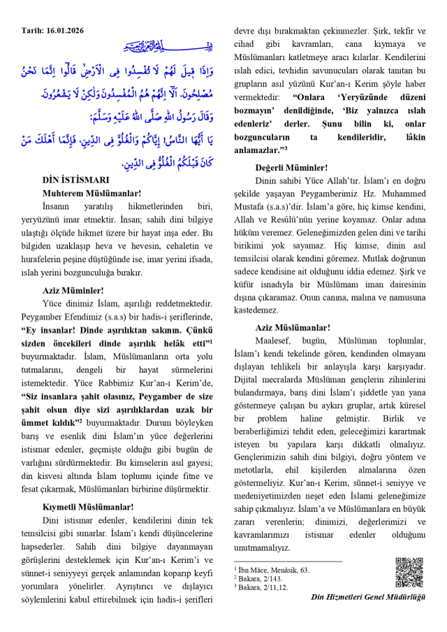 16 Ocak Cuma Hutbesi yayınlandı mı? 16 Ocak Cuma Hutbesi tam metni!