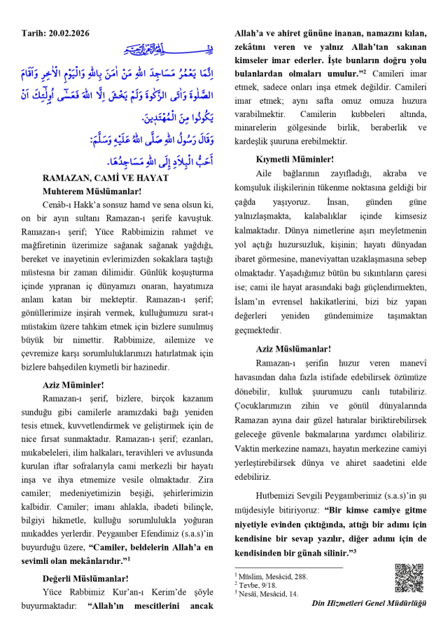 20 Şubat Cuma Hutbesi yayınlandı mı? 20 Şubat Cuma Hutbesi tam metni!