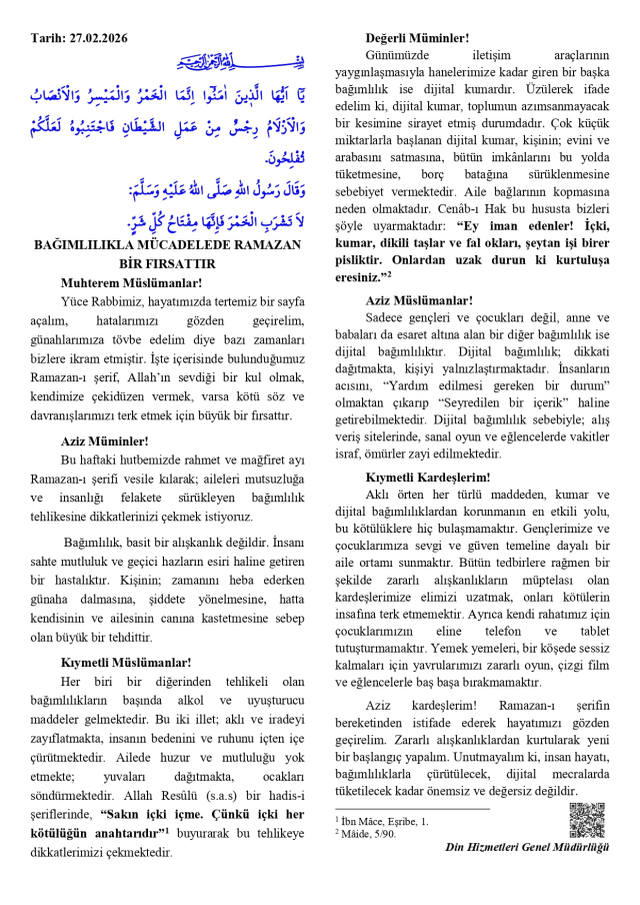 27 Şubat Cuma Hutbesi yayınlandı mı? 27 Şubat Cuma Hutbesi tam metni!