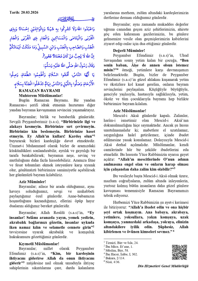 20 Mart Cuma Hutbesi yayınlandı mı? 20 Mart Ramazan Bayramı Hutbesi tam metni!