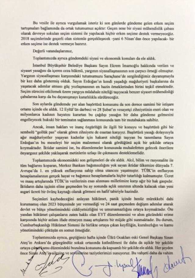 10 saatlik toplantı sonrası 6'lı masadan ilk açıklama! Aday için istişareler başlıyor