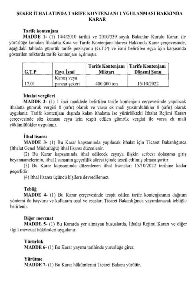 Tarım ve Orman Bakanlığı çalışmanın başlatıldığını duyurmuştu! 400 bin ton şeker ithalatı için tarife kontenjanı açıldı