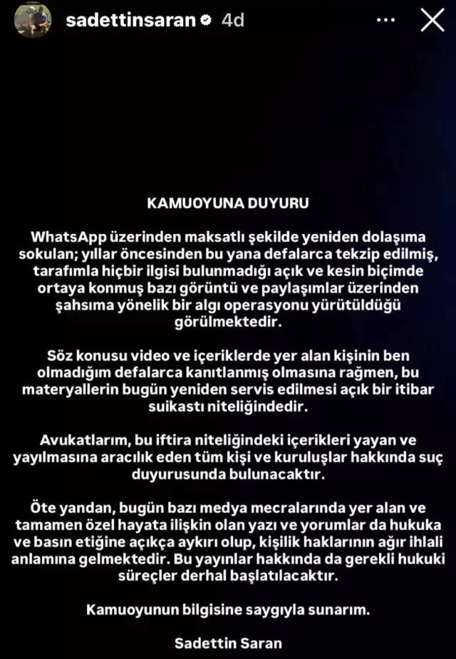 Sadettin Saran'dan gündemdeki iddialara ilişkin açıklama