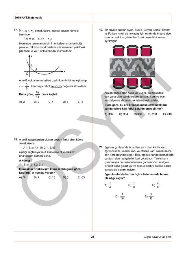 2019 AYT Matematik Soruları PDF: 2019 AYT soruları ve cevapları