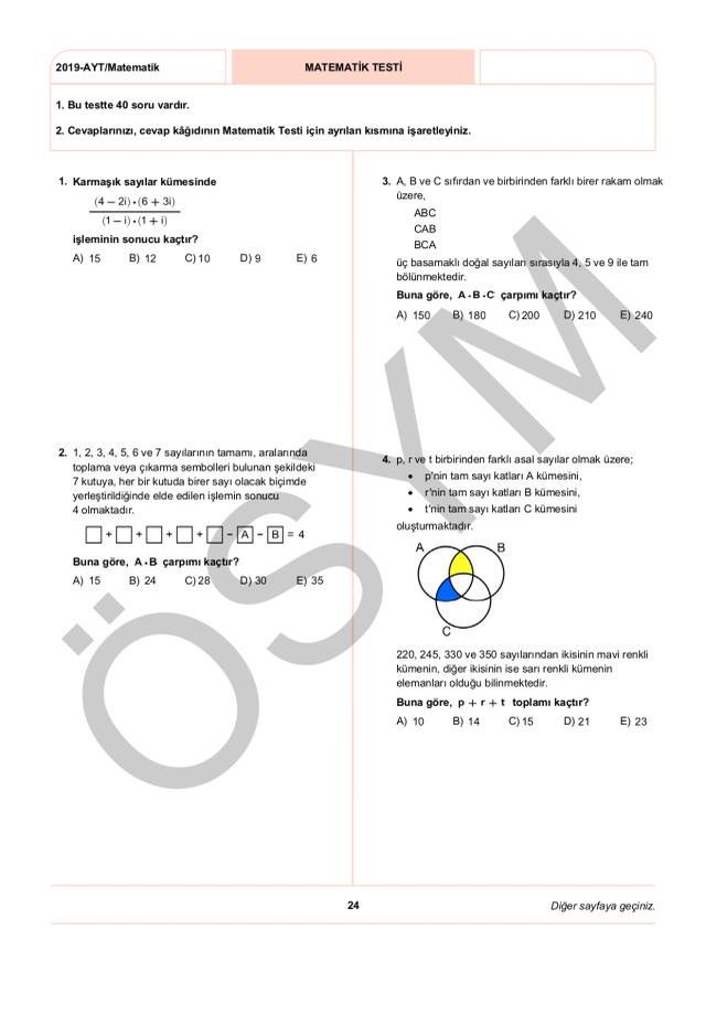 2019 AYT Matematik Soruları PDF: 2019 AYT soruları ve cevapları