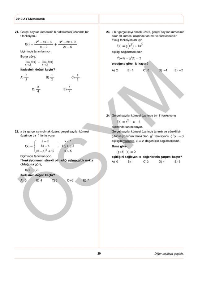 2019 AYT Matematik Soruları PDF: 2019 AYT soruları ve cevapları