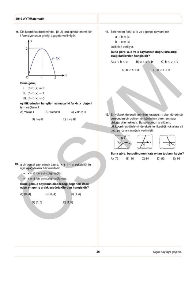 2019 AYT Matematik Soruları PDF: 2019 AYT soruları ve cevapları