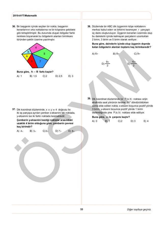 2019 AYT Matematik Soruları PDF: 2019 AYT soruları ve cevapları