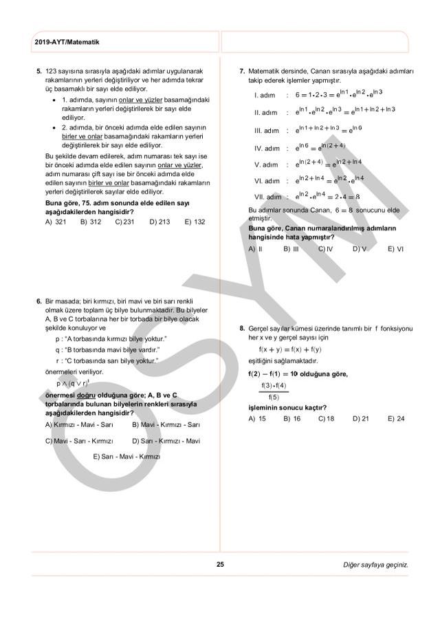 2019 AYT Matematik Soruları PDF: 2019 AYT soruları ve cevapları