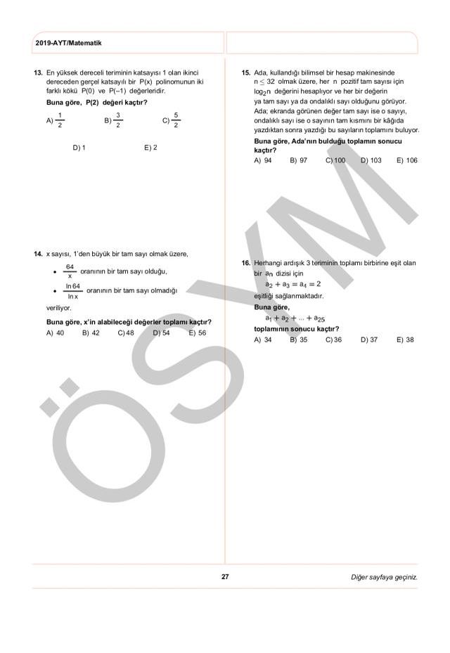 2019 AYT Matematik Soruları PDF: 2019 AYT soruları ve cevapları