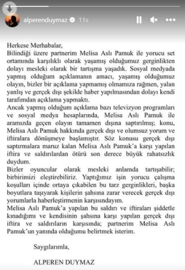 Alperen Duymaz, sette tartıştığı için tepki gösterdiği Melisa Aslı Pamuk'a bu sefer sahip çıktı